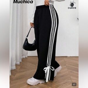 SHEIN 4X elastic waist Black Wide-Leg Track Pants with Side Stripes and Ties